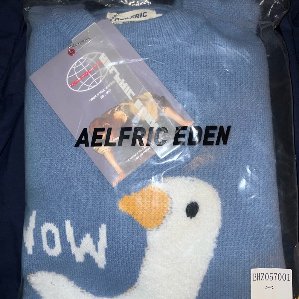 Aelfric Eden Light Blue Sweater with Duck Motif “WOW” Duck